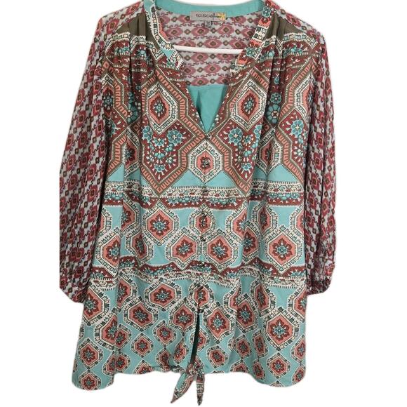 Figueroa Flower Top Women’s 3X Boho Hippie Retro Artsy Funky Patchwork Teal Pink - Picture 1 of 7
